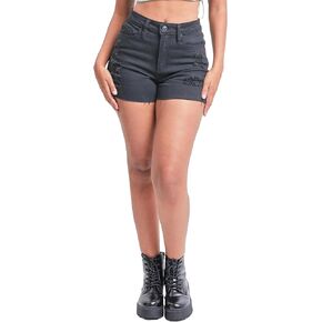 YMI Women's Junior Vintage Dream High-Rise Mid-Length Distressed Hem Denim Shorts in Kuwait