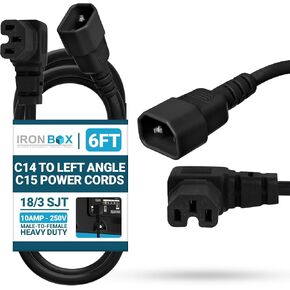 IronBox Electric - Heavy Duty C14 to Left Angle C15 Power Cords - 90 Degree Computer Cable - Rated for 10A, 250V, 18/3 SJT - Ideal for Data Centers, at Home Offices & Industrial Applications (6 feet)