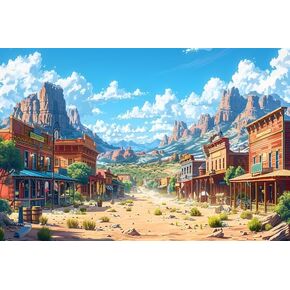 Cartoon Western Town Backdrop Comic Fairy Tale Western Desert Street Decorations Background Wild Cowboy Cowgirls Wood Buildings Backdrop Desert Mountain Baby Shower Studio Props 10x8ft