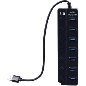 Powered USB 3.0 /USB C Hub, Multi Port Splitter, ABS 7-Port USB Hub Splitter Adapter Individual On/Off Switches and for Laptop PC Mobile Devices