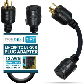 Ironbox Electric NEMA L5-20P إلى L5-30R محول توصيل سلك الطاقة - 20A ، 125V ، 12 AWG - ELG CABLESS Extension - توصيل وموصل ثقيل للخدمة ، RV ، مراكز البيانات والمزيد (1 قدم ، بناء)