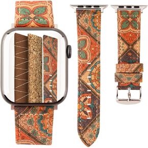 Natural Cork Hybrid Leather Band Compatible with Apple Watch Band 41mm 40mm 38mm 46mm 45mm 44mm 42mm 49mm, Vintage Pattern Soft Strap for iWatch Series 10/9/8/7/SE/6/5/4/3/Ultra