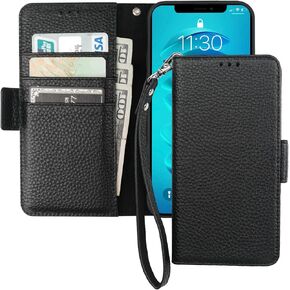 Bocasal Wallet Case for iPhone 14 Pro Max 5G, Genuine Leather Support Wireless Charging RFID Blocking Flip Case Card Slots Holder, Kickstand Book Folding Folio Cover with Wrist Strap 6.7 Inch(Red)