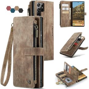 Compatible with Samsung Galaxy S22 5G,Card Holder Kickstand Magnetic Zipper Pocket Lanyard Strap Wristlet,Leather Flip Case Wallet for Galaxy S22 5G 6.1 Inch(Brown)