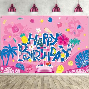 Hawaii Happy Birthday Party Backdrop Photo Background 4 x 6 FT Cute Cartoon Luau Birthday Party Decorations Banner Summer Theme Photography Backdrop for Wall Decor Supplies(Blue,Cake)