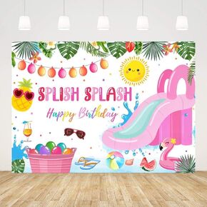 7x5ft splish Splash لافتة عيد ميلاد سعيد للازهاء الصيفي حمام السباحة الحفلة الأولى عيد الميلاد الخلفية للأولاد الفتيات الوردي زخارف حمام السباحة الخلفية