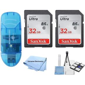 Extreme Electronics 2Pcs 32GB Ultra Class 10 SDXC UHS-I SD Memory Card Kit for Canon Cameras + Accessories