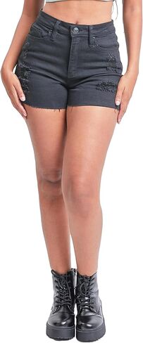 YMI Women's Junior Vintage Dream High-Rise Mid-Length Distressed Hem Denim Shorts in Saudi Arabia