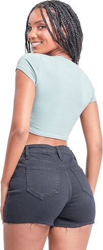 YMI Women's Junior Vintage Dream High-Rise Mid-Length Distressed Hem Denim Shorts in Saudi Arabia