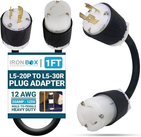 IronBox Electric NEMA L5-20P to L5-30R Plug Adapter Power Cord - 20A, 125V, 12 AWG - UL Listed Power Extension Cable - Heavy Duty Plug and Connector for Generator, RV, Data Centers & More (1ft, Build) in Kuwait