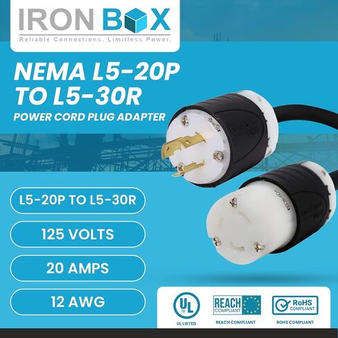 IronBox Electric NEMA L5-20P to L5-30R Plug Adapter Power Cord - 20A, 125V, 12 AWG - UL Listed Power Extension Cable - Heavy Duty Plug and Connector for Generator, RV, Data Centers & More (1ft, Build) in Kuwait