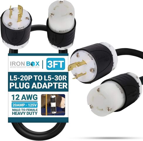 IronBox Electric NEMA L5-20P to L5-30R Plug Adapter Power Cord - 20A, 125V, 12 AWG - UL Listed Power Extension Cable - Heavy Duty Plug and Connector for Generator, RV, Data Centers & More (1ft, Build) in Kuwait