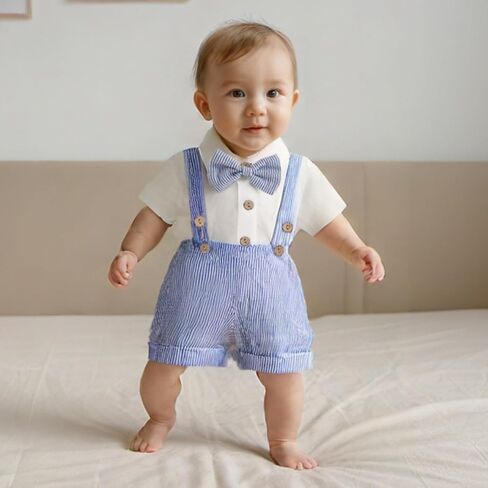 KMBANGI Toddler Newborn Baby Boys Gentleman Outfits Short Sleeve Turn-down Collar Romper Bib Pants Bow Tie 3Pcs Short Set in Saudi Arabia