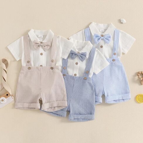 KMBANGI Toddler Newborn Baby Boys Gentleman Outfits Short Sleeve Turn-down Collar Romper Bib Pants Bow Tie 3Pcs Short Set in Saudi Arabia