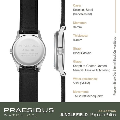 PRAESIDUS Jungle Field - ساعة معصم 34 مم مينا أسود وسوار جلدي أسود وهيكل من الفولاذ المقاوم للصدأ للرجال ساعة خدمة عسكرية، ساعة معصم رجالية in Saudi Arabia