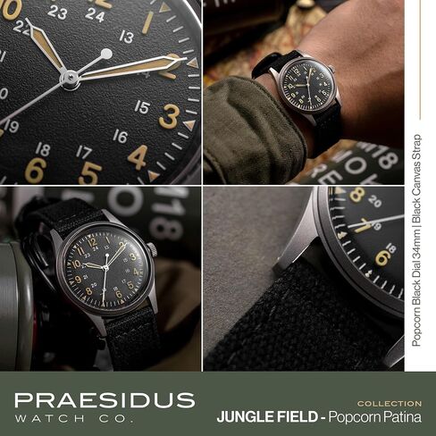 PRAESIDUS Jungle Field - ساعة معصم 34 مم مينا أسود وسوار جلدي أسود وهيكل من الفولاذ المقاوم للصدأ للرجال ساعة خدمة عسكرية، ساعة معصم رجالية in Saudi Arabia
