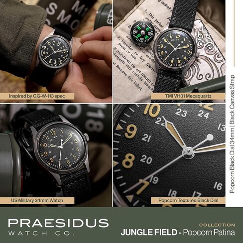 PRAESIDUS Jungle Field - ساعة معصم 34 مم مينا أسود وسوار جلدي أسود وهيكل من الفولاذ المقاوم للصدأ للرجال ساعة خدمة عسكرية، ساعة معصم رجالية in Saudi Arabia