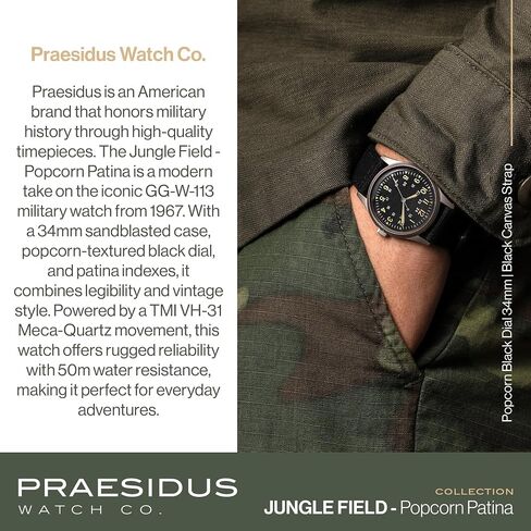 PRAESIDUS Jungle Field - ساعة معصم 34 مم مينا أسود وسوار جلدي أسود وهيكل من الفولاذ المقاوم للصدأ للرجال ساعة خدمة عسكرية، ساعة معصم رجالية in Saudi Arabia
