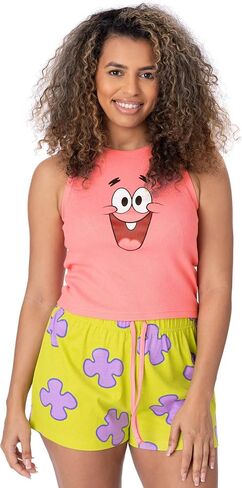 SpongeBob SquarePants Ladies Pyjama Set | Womens Ribbed Vest & Green Elasticated Shorts | Patrick Star Graphic Sleepwear in Saudi Arabia