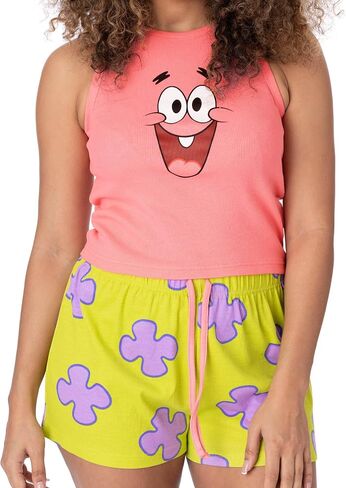 SpongeBob SquarePants Ladies Pyjama Set | Womens Ribbed Vest & Green Elasticated Shorts | Patrick Star Graphic Sleepwear in Saudi Arabia