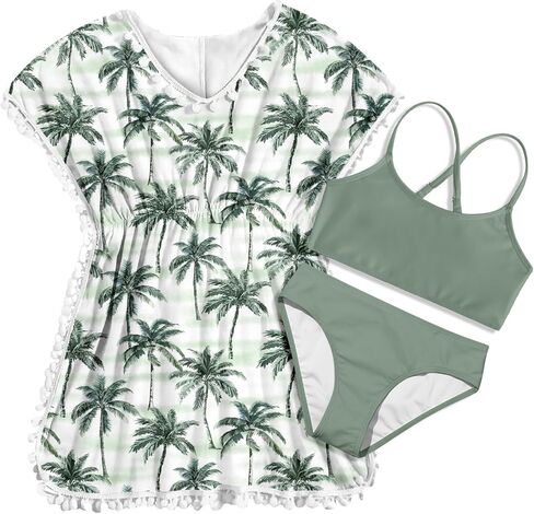 Girls Bathing Suit Cover Up Kids Bule Swimsuits Size 8 3 Piece Bikini Sets Ocean Print Tankini Swim Wear 7-8Y Beach Outfits Pom Pom Trim in Kuwait