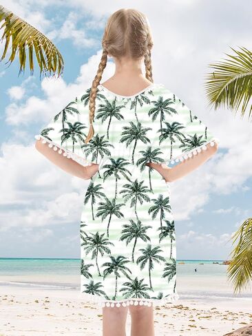 Girls Bathing Suit Cover Up Kids Bule Swimsuits Size 8 3 Piece Bikini Sets Ocean Print Tankini Swim Wear 7-8Y Beach Outfits Pom Pom Trim in Kuwait