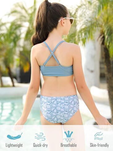 Girls Bathing Suit Cover Up Kids Bule Swimsuits Size 8 3 Piece Bikini Sets Ocean Print Tankini Swim Wear 7-8Y Beach Outfits Pom Pom Trim in Saudi Arabia