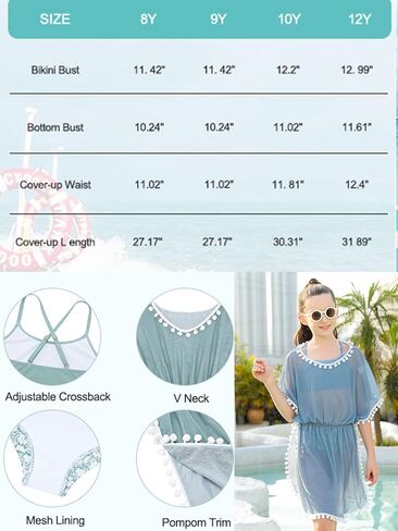 Girls Bathing Suit Cover Up Kids Bule Swimsuits Size 8 3 Piece Bikini Sets Ocean Print Tankini Swim Wear 7-8Y Beach Outfits Pom Pom Trim in Saudi Arabia