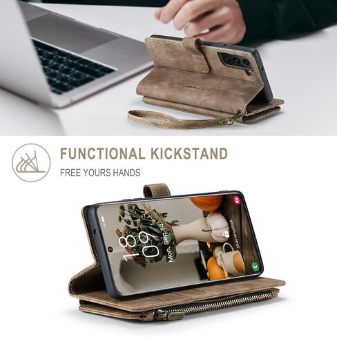 متوافق مع Samsung Galaxy S22 5G ، حامل البطاقة Kickstand سحاب مغناطيسي حبل الحبل معصمه ، محفظة جلدية من Galaxy S22 5G 6.1 بوصة (بنية) in Kuwait