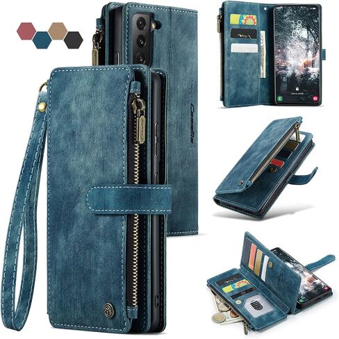 متوافق مع Samsung Galaxy S22 5G ، حامل البطاقة Kickstand سحاب مغناطيسي حبل الحبل معصمه ، محفظة جلدية من Galaxy S22 5G 6.1 بوصة (بنية) in Kuwait