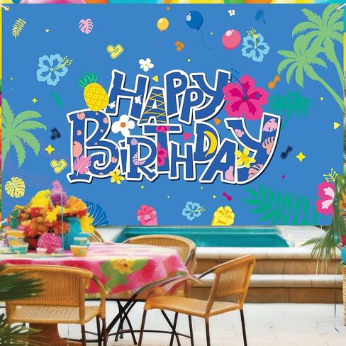 Hawaii Happy Birthday Party Backdrop Photo Background 4 x 6 FT Cute Cartoon Luau Birthday Party Decorations Banner Summer Theme Photography Backdrop for Wall Decor Supplies(Blue,Cake) in Saudi Arabia