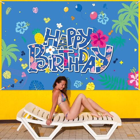 Hawaii Happy Birthday Party Backdrop Photo Background 4 x 6 FT Cute Cartoon Luau Birthday Party Decorations Banner Summer Theme Photography Backdrop for Wall Decor Supplies(Blue,Cake) in Saudi Arabia