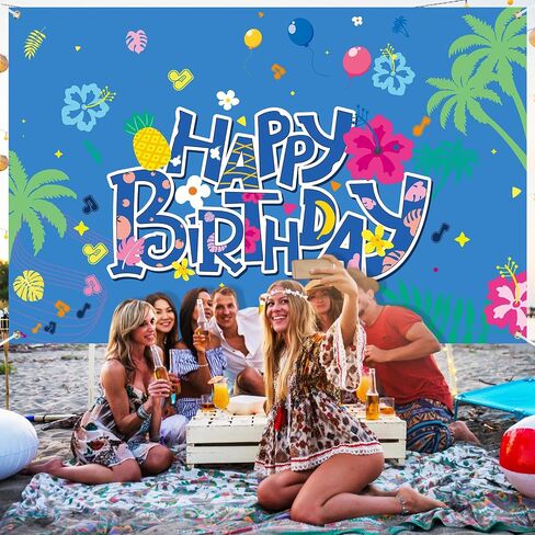 Hawaii Happy Birthday Party Backdrop Photo Background 4 x 6 FT Cute Cartoon Luau Birthday Party Decorations Banner Summer Theme Photography Backdrop for Wall Decor Supplies(Blue,Cake) in Saudi Arabia