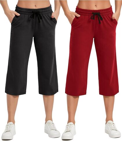 SPECIALMAGIC المرأة 2 حزمة كابري السراويل فضفاضة اليوغا القطن Capris Sweatpants 3 جيوب واسعة الساق الرباط بيجامة السراويل أسود + المحيط الأزرق 2XL in Saudi Arabia