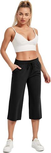SPECIALMAGIC المرأة 2 حزمة كابري السراويل فضفاضة اليوغا القطن Capris Sweatpants 3 جيوب واسعة الساق الرباط بيجامة السراويل أسود + المحيط الأزرق 2XL in Saudi Arabia