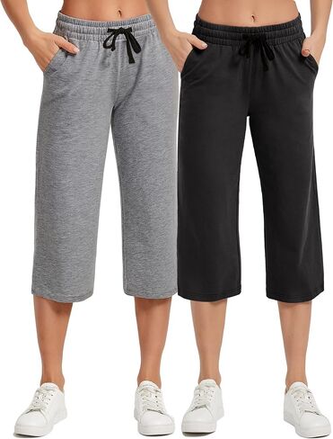 SPECIALMAGIC المرأة 2 حزمة كابري السراويل فضفاضة اليوغا القطن Capris Sweatpants 3 جيوب واسعة الساق الرباط بيجامة السراويل أسود + المحيط الأزرق 2XL in Saudi Arabia