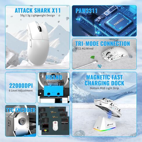 الهجوم Shark X11 و X60he مجموعة ألعاب لاسلكية ميكانيكية ، مفاتيح مفاتيح مغناطيسية سريعة 8K ، الماوس 59G فائق الخفيف مع قفص الاتهام ، 22 كيلو دبليواني ، PAW3311 ، RGB خلفية 3-وضع مع كبل ملفوف وايت in Kuwait