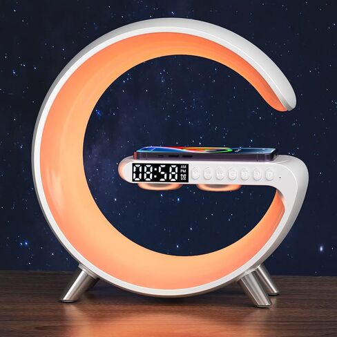 LED Wireless Charger Ambience Light, Multifunctional Table Lamp Alarm Clock Bedside Night Light Smart Bluetooth Audio Lamp Suitable for Bedroom Home Decoration (White) in Saudi Arabia