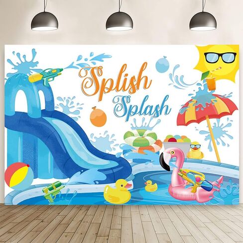 Mehofond 7x5ft Soft Summer Splish Splash Backdrop Pool Party Blue Slide Promography خلفية السباحة كرة بطة مياه مياه عيد ميلاد هاواي فلامنغو لايف بويك. in Kuwait