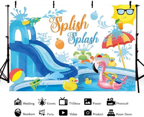Mehofond 7x5ft Soft Summer Splish Splash Backdrop Pool Party Blue Slide Promography خلفية السباحة كرة بطة مياه مياه عيد ميلاد هاواي فلامنغو لايف بويك. in Kuwait