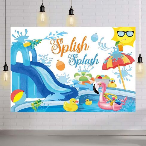 Mehofond 7x5ft Soft Summer Splish Splash Backdrop Pool Party Blue Slide Promography خلفية السباحة كرة بطة مياه مياه عيد ميلاد هاواي فلامنغو لايف بويك. in Kuwait