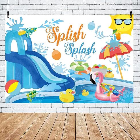 Mehofond 7x5ft Soft Summer Splish Splash Backdrop Pool Party Blue Slide Promography خلفية السباحة كرة بطة مياه مياه عيد ميلاد هاواي فلامنغو لايف بويك. in Kuwait