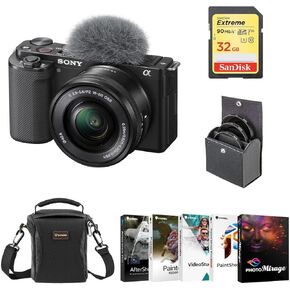 Sony ZV-E10 Mirrorless Camera with 16-50mm Lens, Black Bundle with PC Photo & Video Editing Software Suite, 32GB SD Memory Card, Shoulder Bag, 40.5mm Filter Kit
