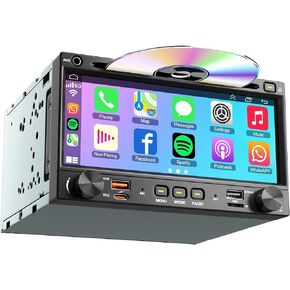Double Din Carplay Car Radio with CD/DVD, 7 Inch Touchscreen Stereo with Wireless CarPlay & Android Auto Support Backup Camera, Bluetooth & Voice Control, Mirror Link, Subwoofer,SWC, AM/FM Radio