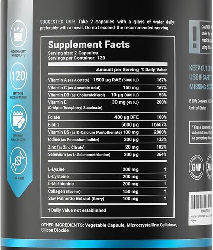 Hair and Beard Vitamins for Men 180 Capsules Hydrolyzed Collagen, L Lysina, Zinc, B5, B6, Biotin and D3. B Life Mens Hair in Kuwait