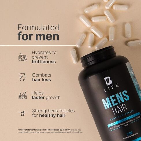 Hair and Beard Vitamins for Men 180 Capsules Hydrolyzed Collagen, L Lysina, Zinc, B5, B6, Biotin and D3. B Life Mens Hair in Kuwait
