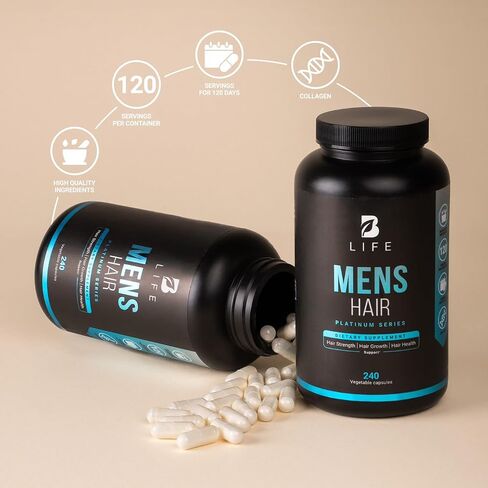 Hair and Beard Vitamins for Men 180 Capsules Hydrolyzed Collagen, L Lysina, Zinc, B5, B6, Biotin and D3. B Life Mens Hair in Kuwait