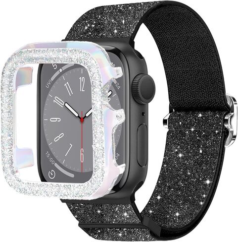 wipalor Bling Stretchy Band with Bling Case Fit Apple Watch Bands for Women 40mm, Elastic Sport Solo Loop iWatch Bands for Cute iPhone Watch Series 6 5 4 SE-Silver Nylon Band+Sparkly Silver Cover in Kuwait