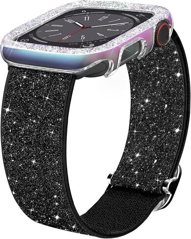 wipalor Bling Stretchy Band with Bling Case Fit Apple Watch Bands for Women 40mm, Elastic Sport Solo Loop iWatch Bands for Cute iPhone Watch Series 6 5 4 SE-Silver Nylon Band+Sparkly Silver Cover in Kuwait