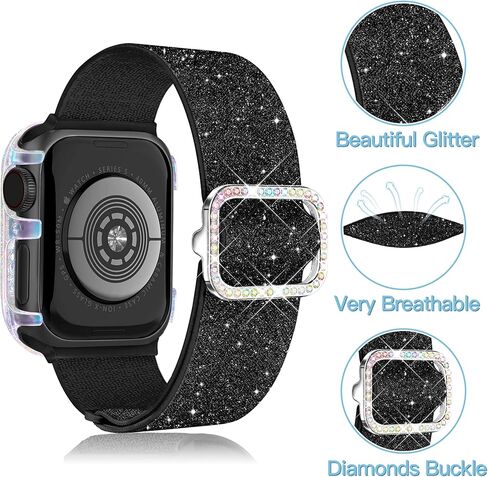 wipalor Bling Stretchy Band with Bling Case Fit Apple Watch Bands for Women 40mm, Elastic Sport Solo Loop iWatch Bands for Cute iPhone Watch Series 6 5 4 SE-Silver Nylon Band+Sparkly Silver Cover in Kuwait